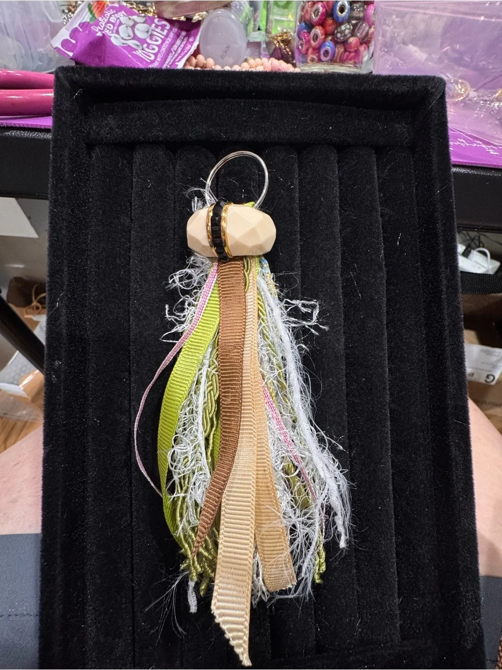 Stylish Multi-Texture Tassel Keychain in Beige and Green